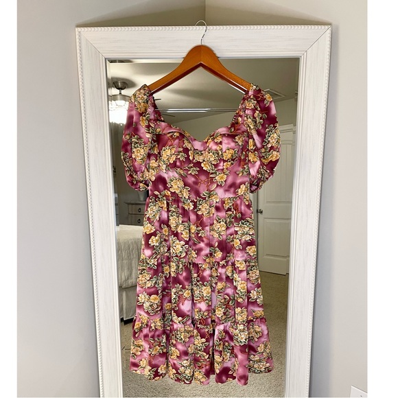 NWT- Fuchsia Floral Print Padded Mango Silk Chiffon Dress - Picture 3 of 6